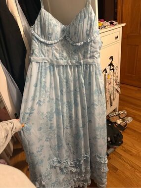 Light Blue Floral Ruffle Midi Dress